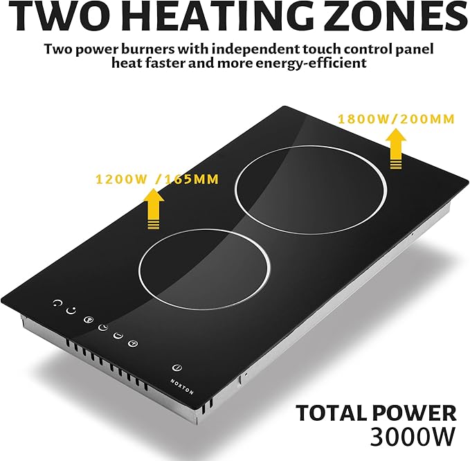 Noxton 2 Burner Electric Cooktop 12 Inch, Built-in Electric Radiant Ceramic Stove Top, Sensor Touch Control, Child Safety Lock, Timer, 3000W, Hard Wire for 220V~240V