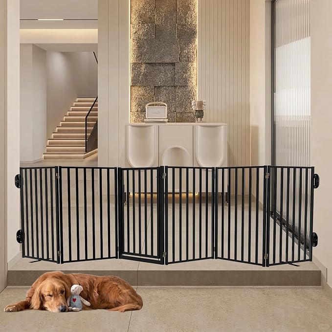 Full Metal Freestanding Dog Gates with Door, 32" Height Dog Fences for Indoor & Outdoor, Extra Wide Foldable Pet Gates for Stairs, Hallways, Doorways, Yard (6 Panels, 120" W × 32" H)