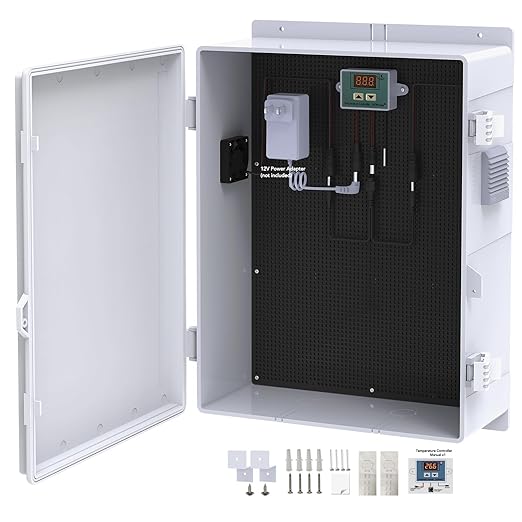 Outdoor Electrical Box, Waterproof Electrical Junction Box IP65 ABS Plastic Enclosure with Fan & Thermostat, Mounting Plate and Hinged Lid (18.1" Hx 12.5" L x 6.3" W)