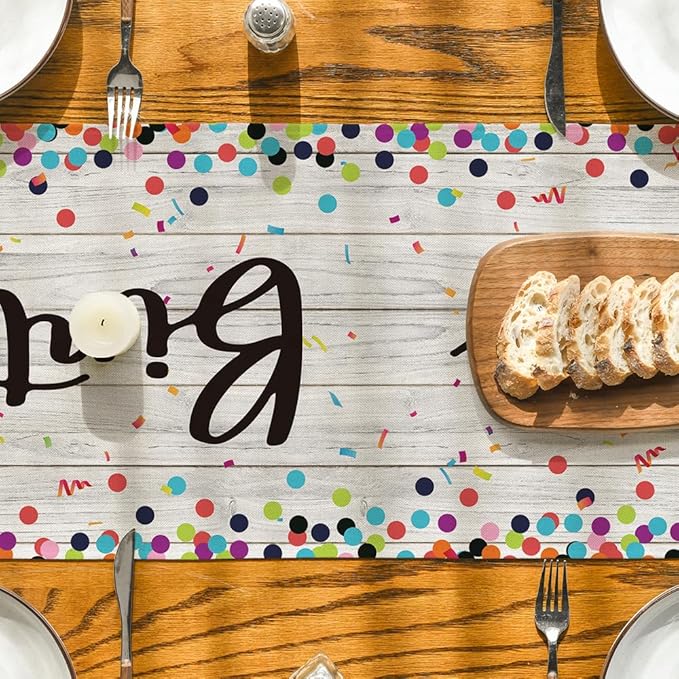 Artoid Mode Polka Dot Wood Happy Birthday Table Runner, Seasonal Kitchen Dining Table Decoration for Home Party Decor 13x72 Inch