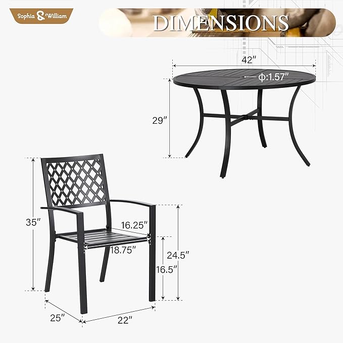 Sophia & William Round Patio Table and Chairs Set, Outdoor Dining Set for 4, 5 Piece Metal Patio Furniture, 42" Black Table(Diamond)