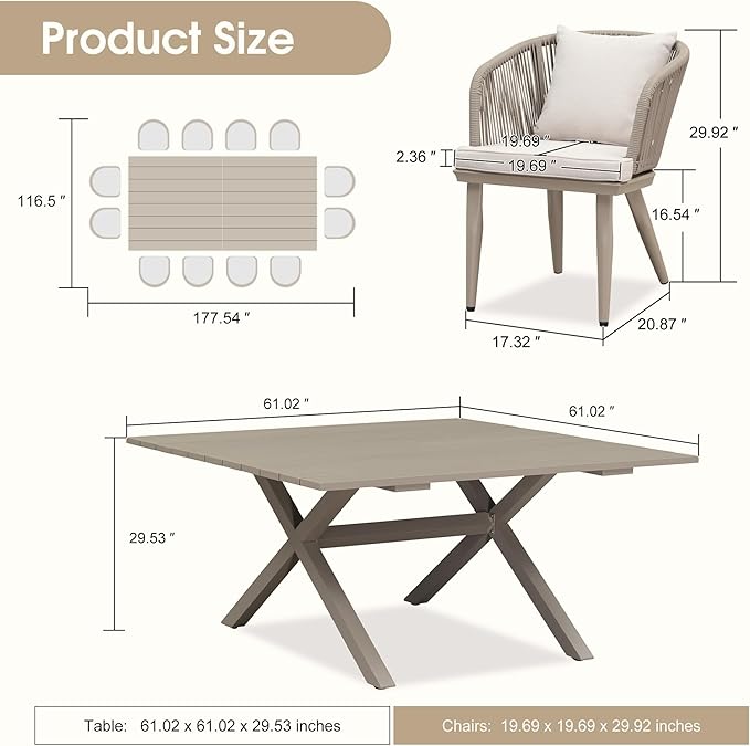 PURPLE LEAF 14 Pieces Patio Dining Set Wicker Outdoor Furniture Oversize Rectangular Table and Chairs Set for Garden Deck Aluminum Frame Backyard Kitchen Set, Cushions and Pillows Included Champagne