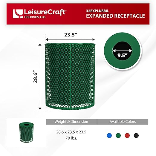 Leisure Craft Heavy-Duty 32 Gallon Receptacle, Portable, Liner Included, Made with Heavy-Gauge Metal and a Durable Thermoplastic Coating, Commercial Outdoor Park Receptacle, Made in The USA