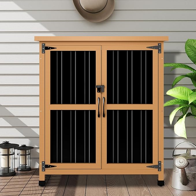 Outdoor Storage Cabinet Waterproof with Shelves, Storage Box with Lockable Doors, Wood & Metal Patio Yard Pool Garden Storage Cabinet Organizer, Gifts for Women Men