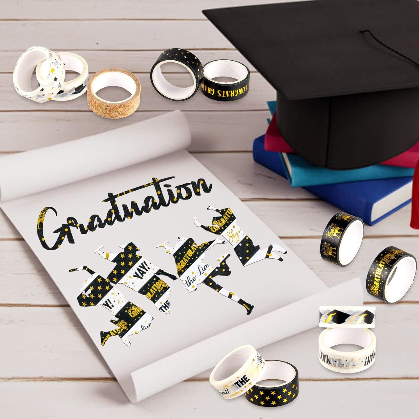 Whaline 12 Rolls Graduation Washi Tape Black Foil Gold 2025 Grad Washi Masking Tape Grad Cap Congratulations Decorative Paper Sticker for Graduation Scrapbook DIY Art Crafts Gift Wrapping