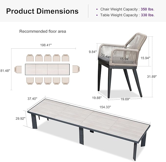 PURPLE LEAF 13 Pieces Patio Dining Set Aluminum Modern Rectangular Table and Rattan Arm Chairs with Cushions for Kitchen Porch Garden Outdoor Furniture Sets, Beige and Dark Grey