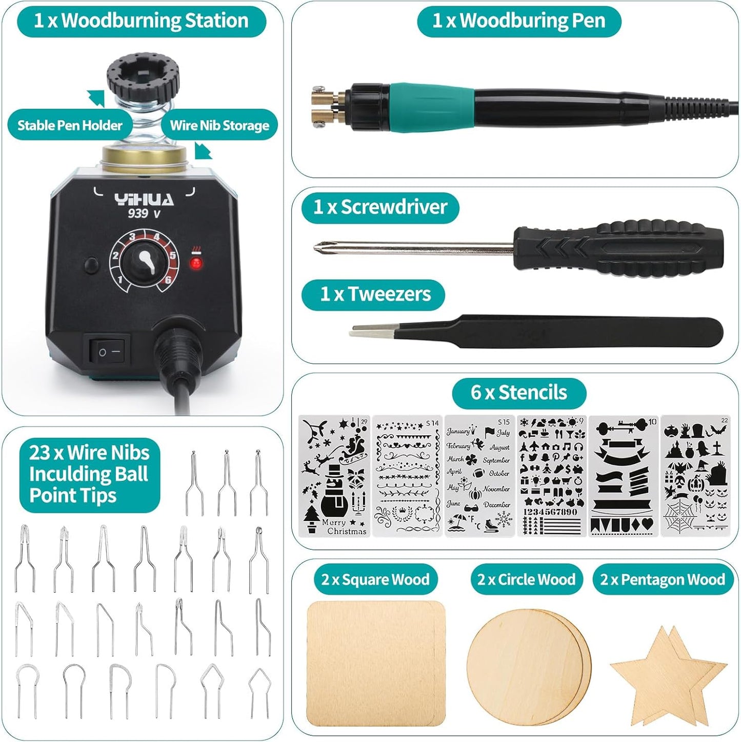 YIHUA 939-V Wood Burning Pen Wood Burning Kit with 23 Wire Nibs, Detachable Wood Burning Pen, 6 Wood Pieces, 6 Stencils, Tweezers Used as Wood Burning Tool