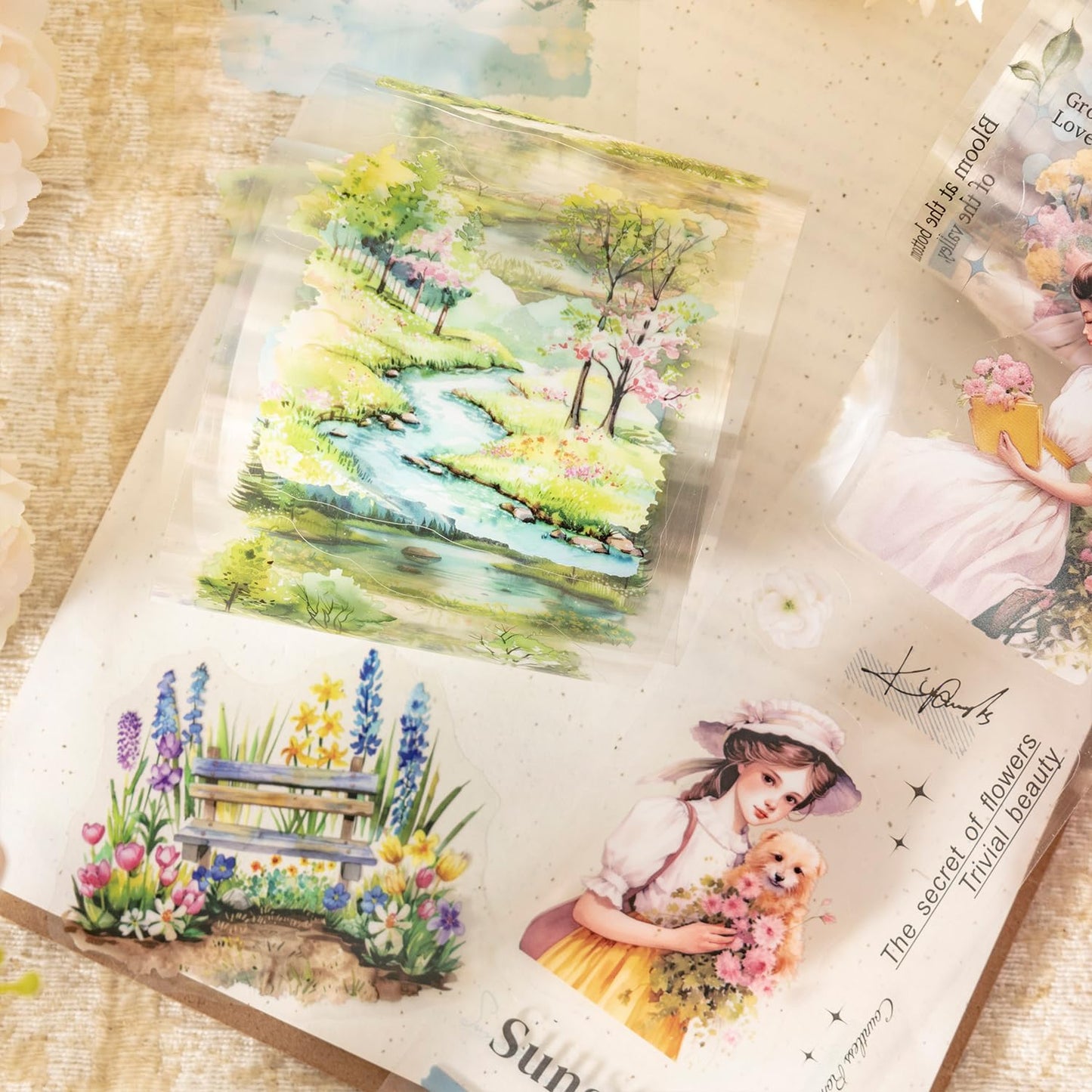 Garden and Girl PET Tape Set, 4 Rolls Pre-Cut Adhesive Tapes for Scrapbooking, Journaling, DIY Crafts, and Art Supplies