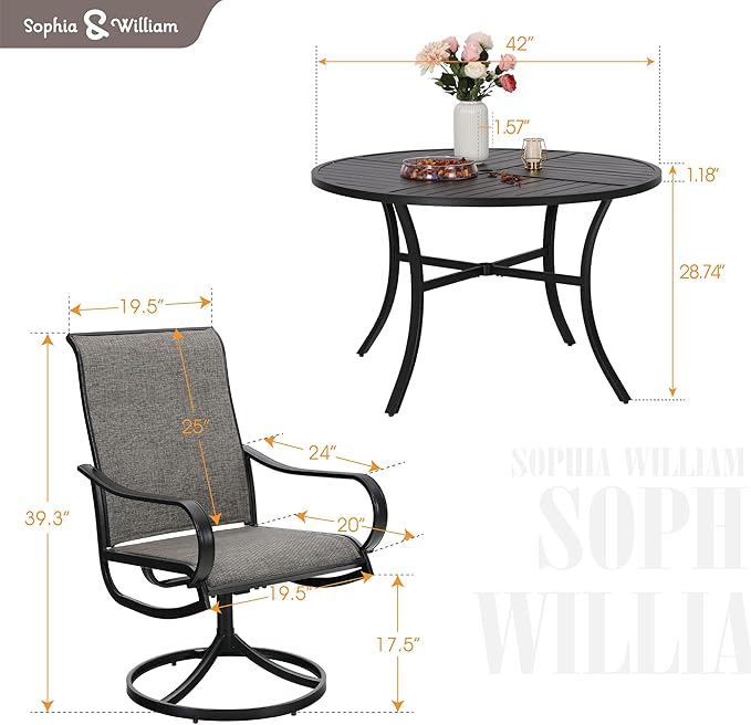 Sophia & William Outdoor Dining Set Patio Dining Set for 4 Round Patio Table and Chairs Set 5 Pieces with Swivel Patio Chairs 42" Metal Table for Garden Pool All Weather Brown