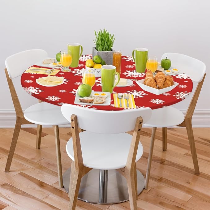Christmas Snowflake Red White Round Table Cloth Cover, Elastic Edge Waterproof Wipeable Tablecloths 36"-42" Polyester Tablecloth for Party Restaurant Banquet Holiday Camping Outdoor Picnic