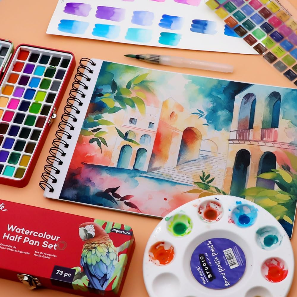 Mont Marte Watercolor Set Full Pan Signature 73pcs, Including 50 Bright and 22 Metallic Colors with Translucent Finish, Ideal for Artists, Hobbyists and Adults