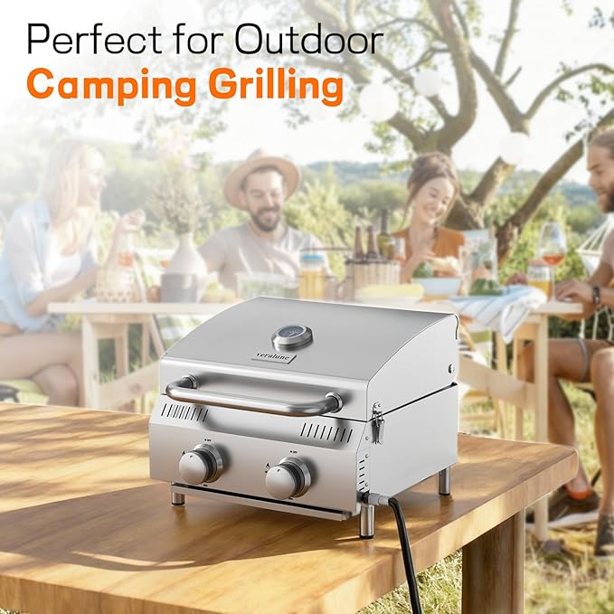 Veralune Tabletop Gas Grill, 2 Burners Portable Propane Grill, Camping Cooking Grill with Travel Lock for Camping, RV, Backyard BBQ