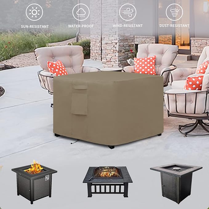 Easy-Going Outdoor Fire Pit Cover Square 32" Lx32 Wx24 H, Durable Outdoor Gas Firepit Cover, Waterproof and Weatherproof Cover for Fire Pit, Camel