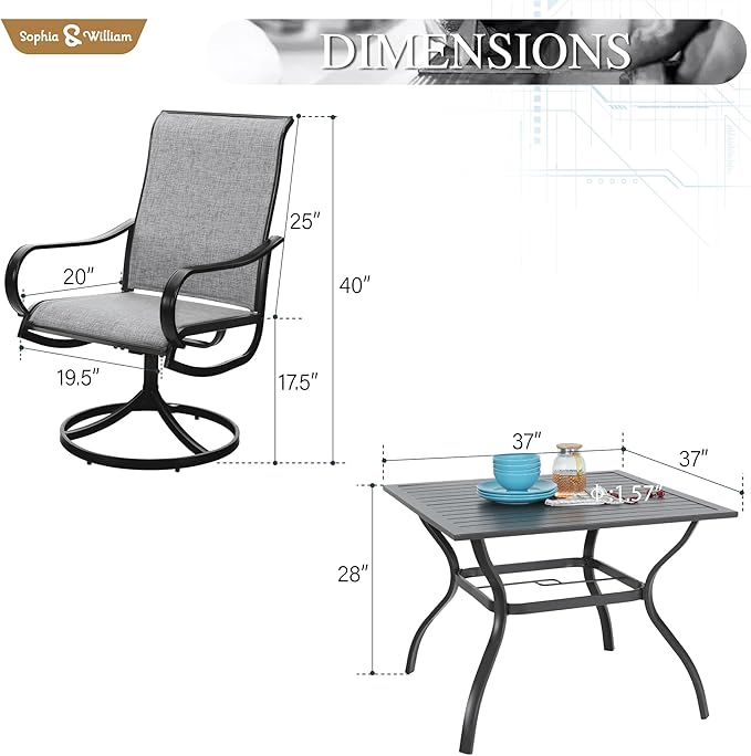 Sophia & William Outdoor Dining Set Patio Dining Set for 4 Outdoor Table and Chairs 5 Pieces with Swivel Patio Chairs 37"x 37" Metal Table for Garden Pool All Weather Grey