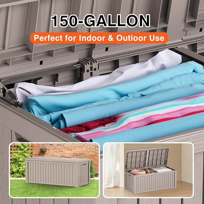 150 Gallon Deck Box, Resin Outdoor Indoor Waterproof Storage Box, Lockable Storage Box With Handle for Patio Furnitures - Garden Tools - Swimming Pool Tools UV-Resistant, Grey