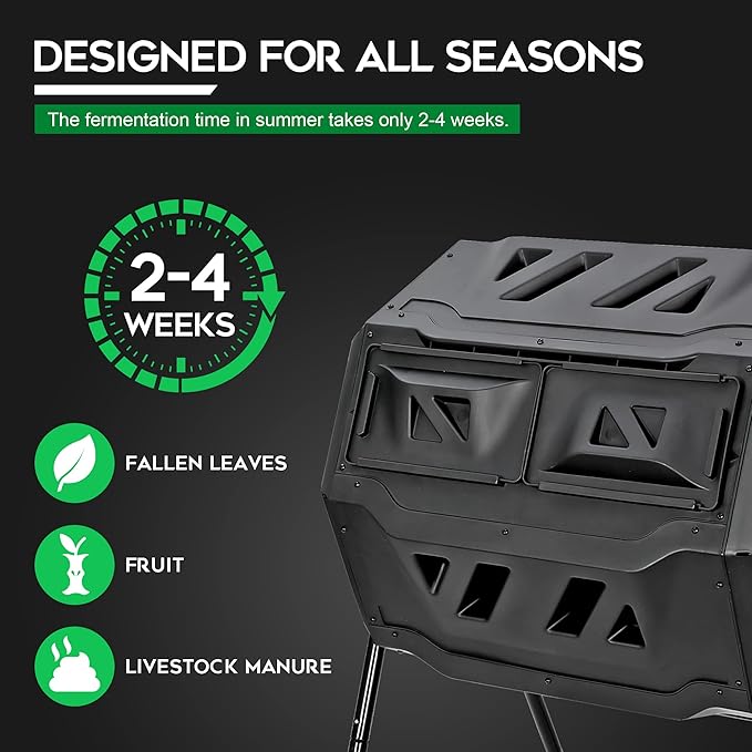 F2C Compost Bin Outdoor 43 Gallon Garden Dual Chamber Composter Bin - Bundled with Pearson's Gardening Gloves,BPA Free, Heavy-Duty Steel Frame, Rotating Tumbler with Sliding Doors | (Black)