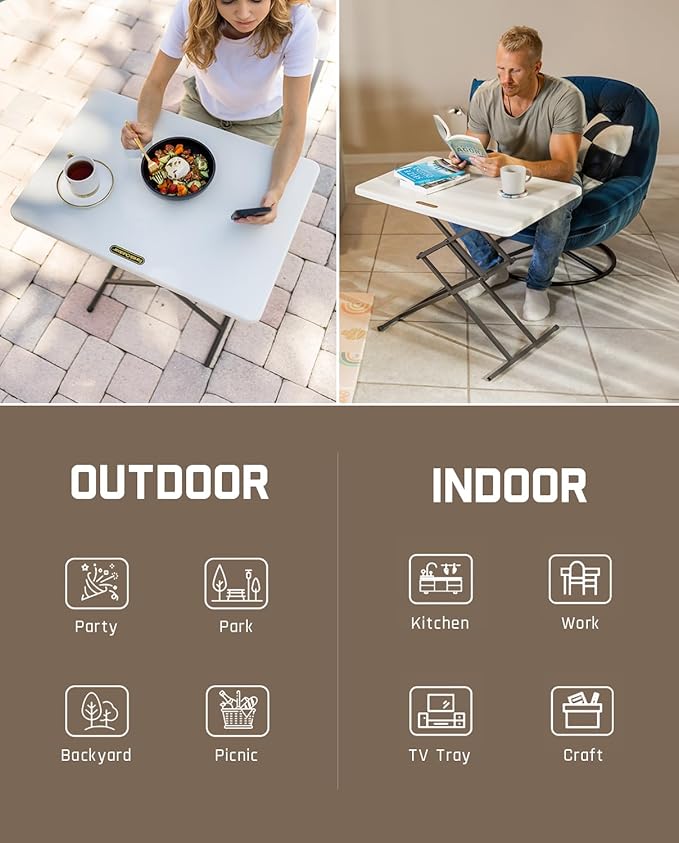 FanttikOutdoor 28 inch Small Folding Table, One-Hand Height Adjustment, 3 Heights, Lowering Lever, Instalift, Portable Side Table for Tv Tray, Dining, Kitchen, No Assembly, Granite White Zeta X1 Apex