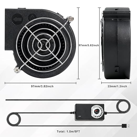 KUNRISE BBQ 97mm × 33mm Blower Fan, High Airflow 110V 120V Variable Speed Centrifugal Fan with AC Plug for Camping, Charcoal Ignition, Outdoor Cooking, Fireplace, Bellows or Wood Stove