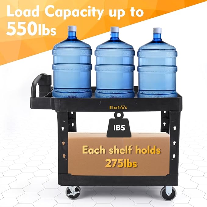 ELAFROS Extra Large Heavy Duty Plastic Utility Work Cart 43.5 x 24.6 Inch โ 2 Tier Work Cart with Deep Tub Shelves, Ergonomic Handle, 5 Inch Casters, 550 lbs Capacity, Black