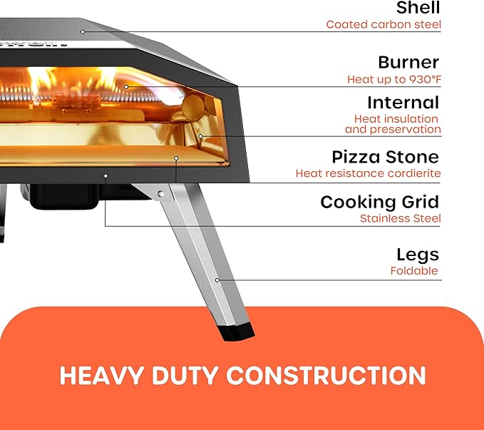 16" Outdoor Gas Pizza Oven, 80-Second Countertop Pizza Maker | with Gas Hose & Regulator, Pizza Stone, Peel, Cutter, Infrared Thermometer, Propane Grill Reaches 930°F (16 inch)