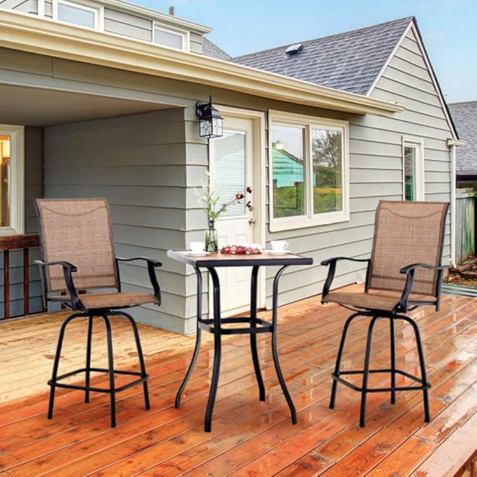 PHI VILLA 3 PCS Patio Swivel Bar Set Outdoor Furniture Bar Height Bistro Set, 2 Bar Stools and 1 Table, High Top Table and Chairs Set of 2 for Garden Porch Backyard