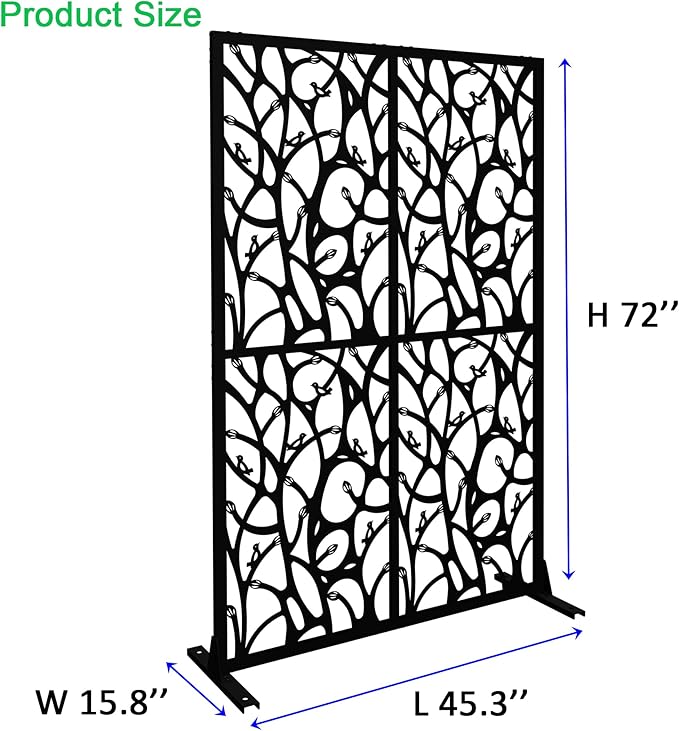 Metal Privacy Screen Room Divider 72" H x 45.3" W, Free Standing Decorative Panel with Bird Design for Indoor Outdoor Use, Black Iron Partition for Patio Balcony Garden (Bird Black)