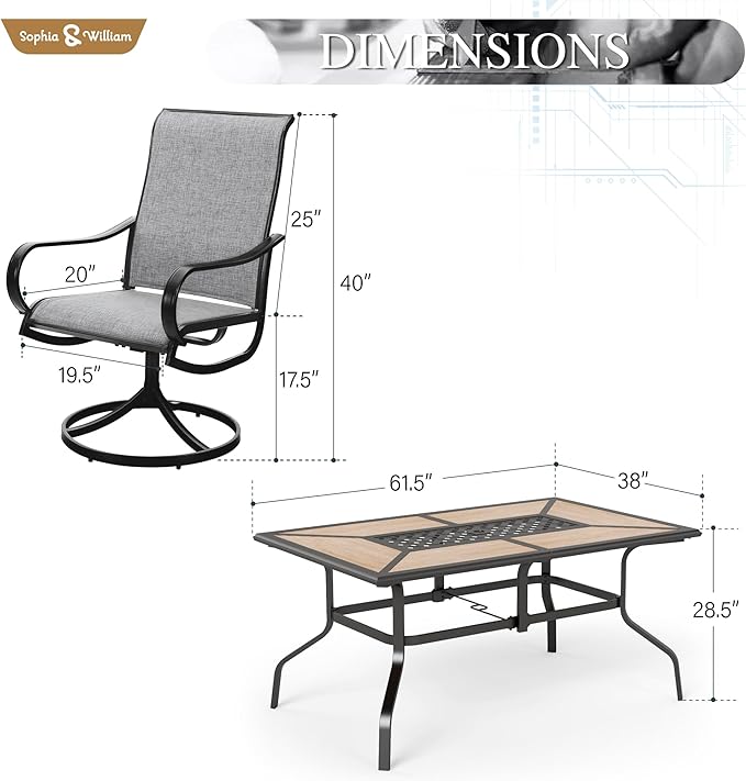 Sophia & William Patio Dining Sets Outdoor Dining Set for 6 Patio Table and Chairs Set 7 Pieces with Swivel Patio Chairs, 61"x 38" Wood Like Metal Table for Garden Pool All Weather Grey