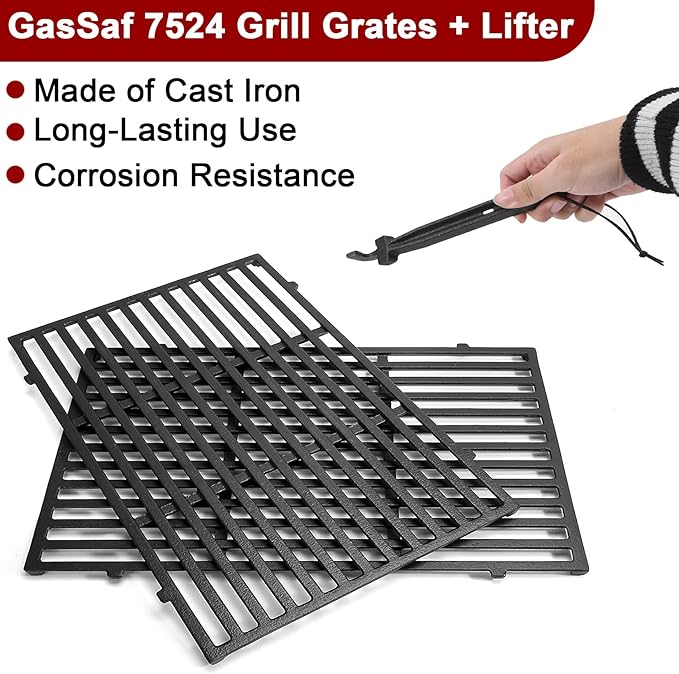 GasSaf 19.5" Grill Grates and Cooking Grate Lifter for Weber Genesis 300, Replacement Parts for Genesis E310 E320 E330 EP310 EP320 EP330 S310 S320 S330 Grills, Cast Iron BBQ Parts for Weber 7524 7528
