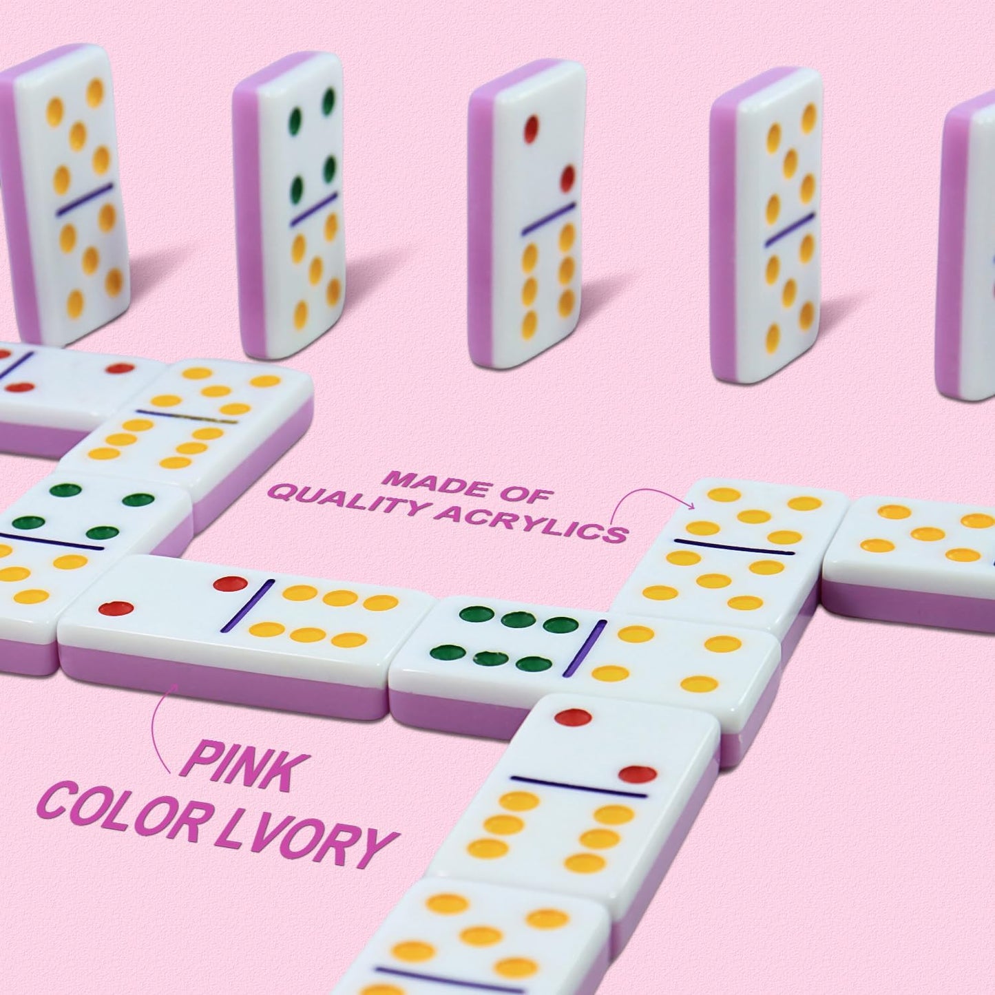 IDTQ Dominoes Set for Adults, Double 6 Dominos Game Set with 28 Domino Tiles Double with Upscale Gift Boxes -7 Polyhedral Dice -Classic Board Games (Pink)