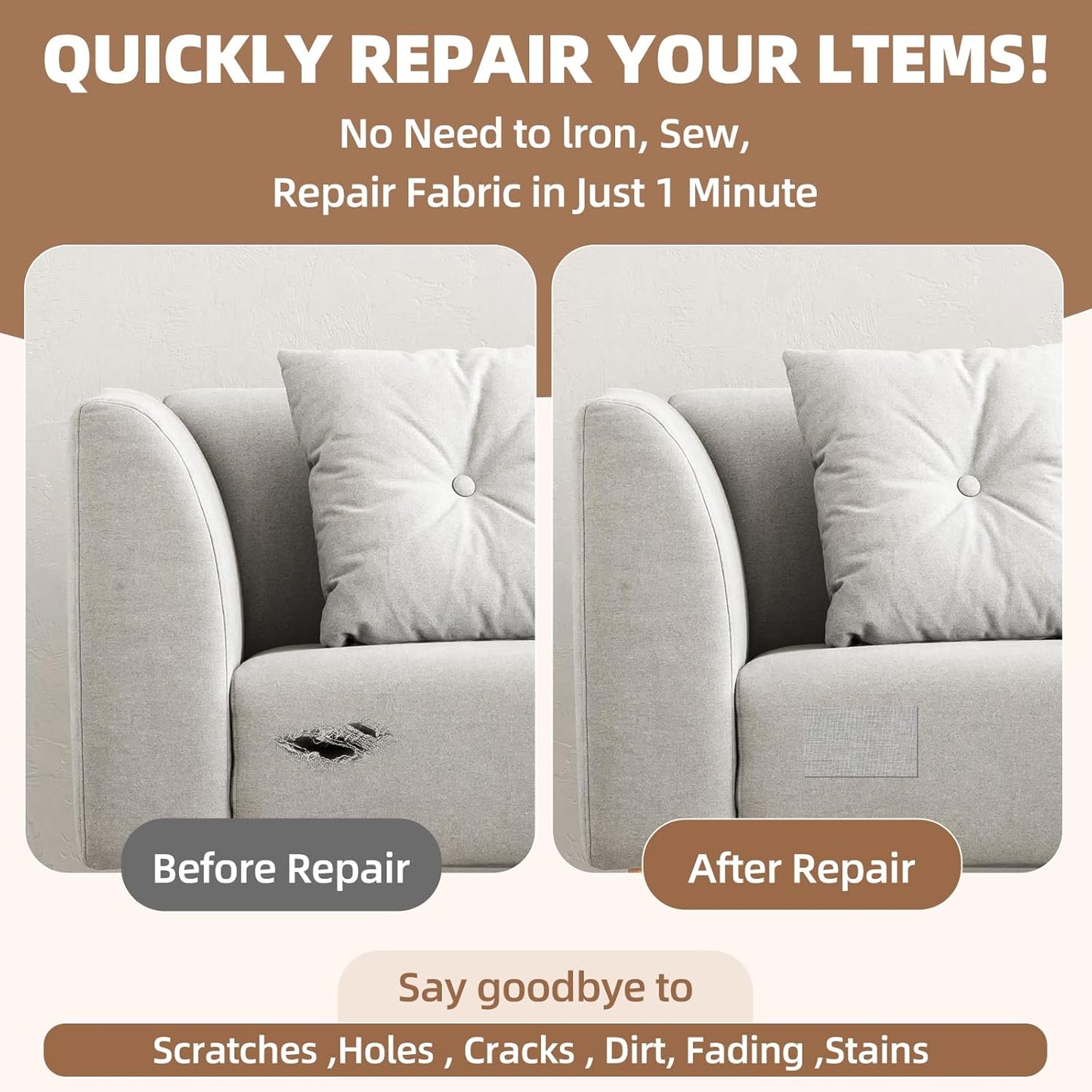 Fabric Repair Patch, 17X79 Inch Fabric Large Repair Tape, Self-Adhesive Patches for Furniture, Sofa, Car Interior, Shoes, Hand Bag, Clothing (Brown, 17X79 Inch)