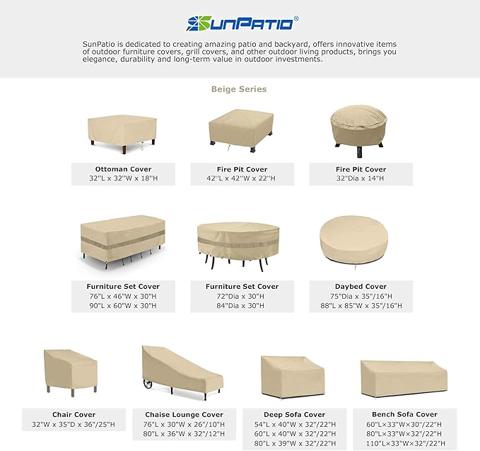 SunPatio Fire Pit Cover 32 Inch, Heavy Duty Waterproof Round Fire Bowl Cover, Small Furniture Ottoman Table Protector, All Weather Protection, Beige