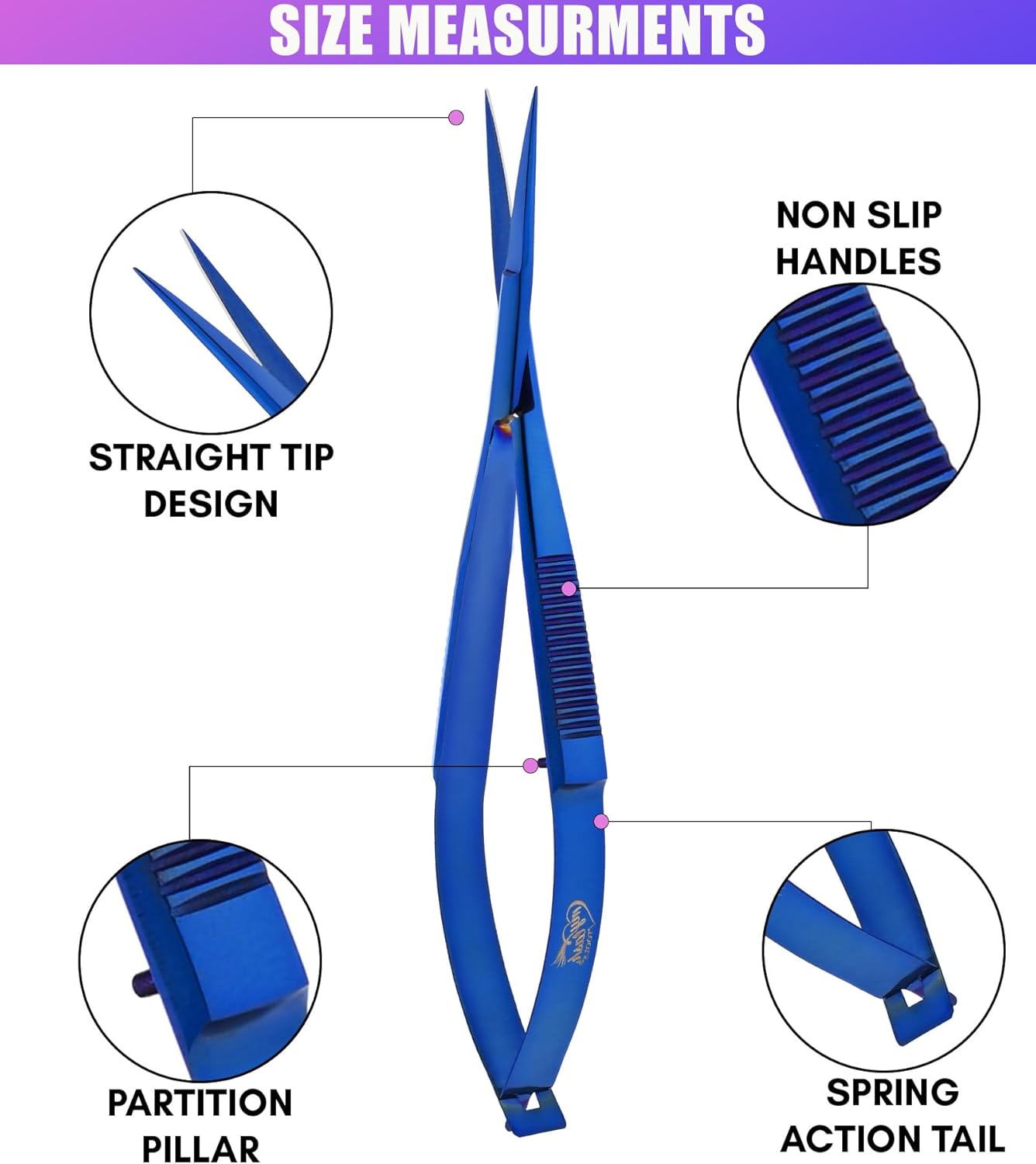 Cross Edge Spring Scissors 5 Inch straight Stainless Steel Precision Eyebrow & Eyelash Shaping & Trimming Scissor, Snips Squeeze, Embroidery & Knitting Micro Tip Craft (Blue)