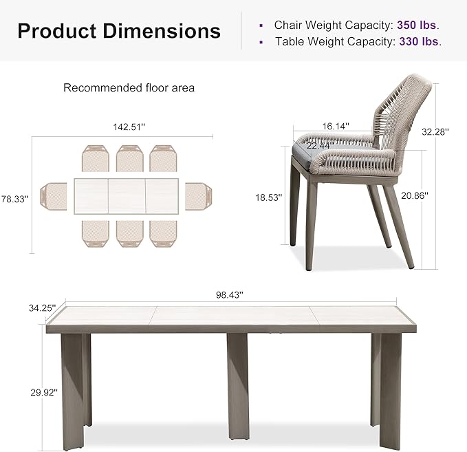 PURPLE LEAF 9 Pieces Patio Dining Set Aluminum Rectangular Table and Wicker Chairs with Cushions for Kitchen Porch Garden Modern Outdoor Furniture Sets, Light Grey