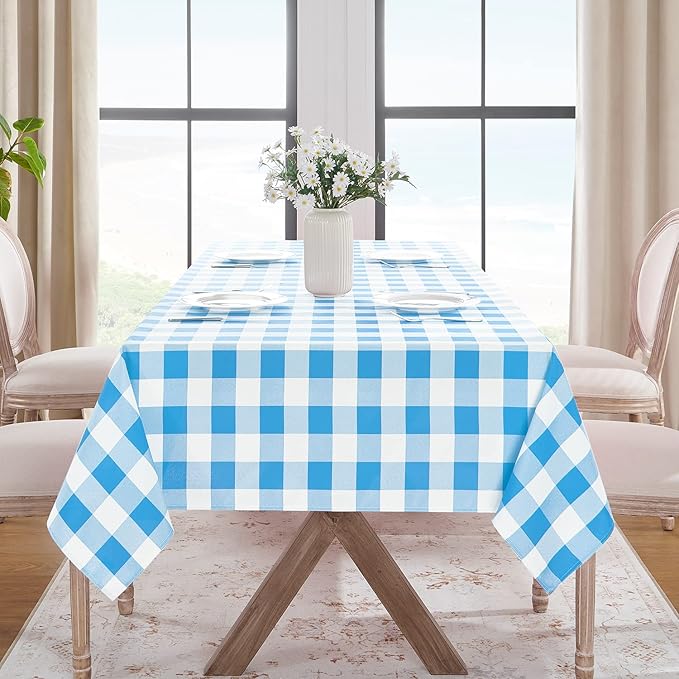 Softalker Gingham Checkered Tablecloth Rectangle - Outdoor Waterproof Buffalo Plaid Table Cloth, Stain Resistant Washable Table Cover for Picnic, Camping, Dining - Blue and White, 60 x 120 Inch