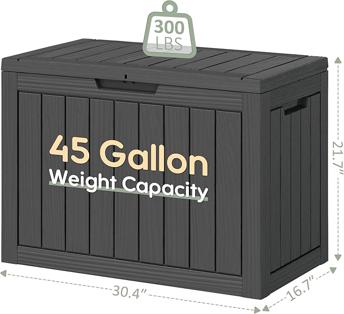 NUNU LAB Outdoor Storage Box, 45 Gallon Outside Deck Box Waterproof, Resin Outdoor Storage Cabinet With Lockable Lid, Backyard Storage Bench For Garden Tools, Patio Cushions, Pool Tools, Black