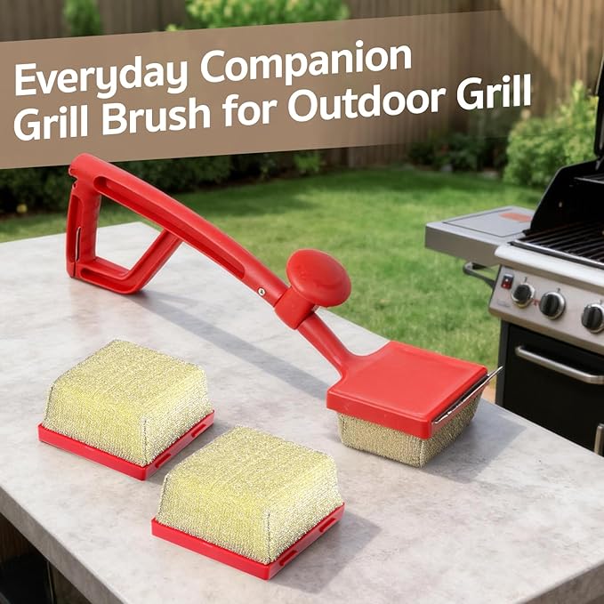 GASPRO Steam Grill Brush Bristle Free for Outdoor Grill, BBQ Cleaning Brush Set with 2 Replacement Heads, Heat-Activated Sponge & Scraper, Ergonomic Handle, Safe for Most Grates, Red