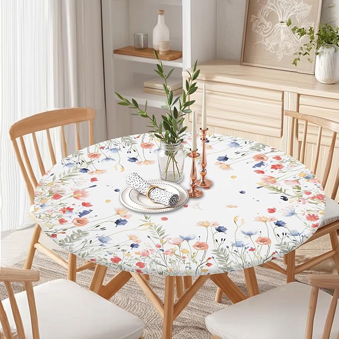 Spring Summer Floral Round Fitted Tablecloth with Elastic Watercolor Farmhouse Wildflower Circle Table Cloth for 44-48" Tables Wipeable Waterproof Easter Flower Table Cover for Picnic Dining Outdoor