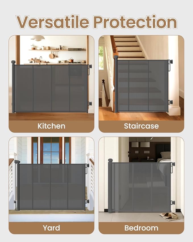 Retractable Baby Gate, 55" Wide Mesh Gate with 4 Reinforced Rods, Prevents Kids & Dogs from Crawling Under, 34" Tall Easy-to-Use Pet Gate for Stairs, Bedrooms, Hallways, Indoor/Outdoor, Gray
