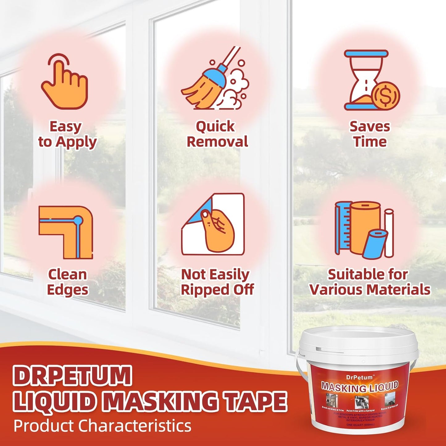 Masking Liquid Tape, Transparent Peelable Coating for Protect Windows Glass, Used for Priming Windows, Floors and Non-Porous Surfaces Painting, 1 Quart (with Paint Brush)