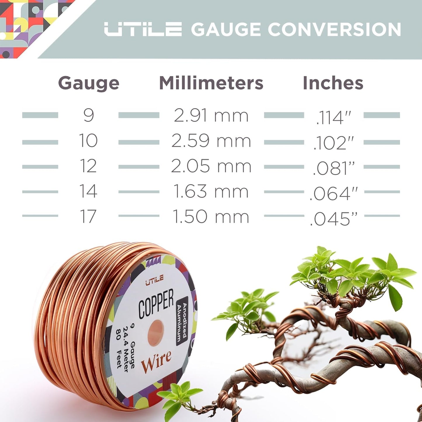 UTILE Bonsai Wire - Armature Aluminum Wire 80 ft 10 Gauge 3.2 mm Bonsai Training Wire, Tree Kit, Plant, Sculpting, Crafts, Bendable, Gardening, Beading and Jewelry Making (Copper, Brown)