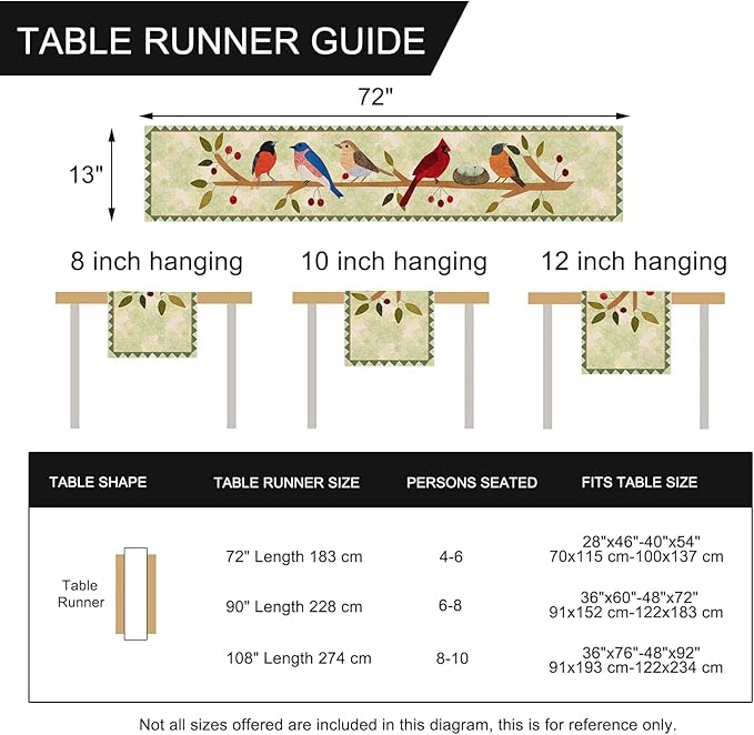 Seliem Summer Birds Tree Branches Table Runner, Cardinal Home Kitchen Dining Decor, Spring Seasonal Farmhouse Decorations Indoor Outdoor Party Supply 13 x 72 Inch