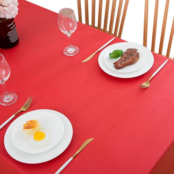 LIBERECOO Vinyl Tablecloth with Flannel Backing, Red, Waterproof, Stain-Resistant, Easy-Clean Table Cover for Holiday, Dining, Kitchen, and Outdoor Use, 60" x 60" Square