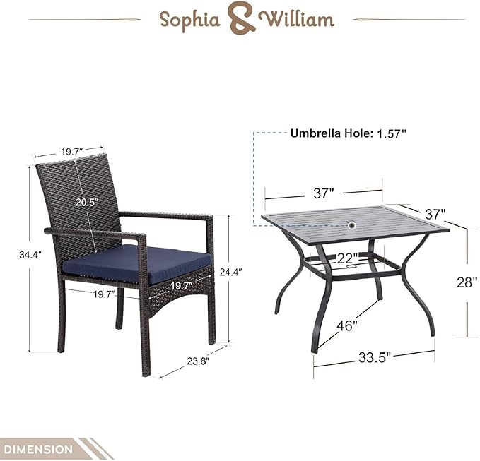 Sophia & William Outdoor 6 Pieces Dining Set with 4 Rattan Chairs, 1 Metal Table and 1 10ft 3 Tier Auto-tilt Umbrella(No Base) Orange Red, Modern Patio Furniture for Poolside, Porch, Patio, Balcony