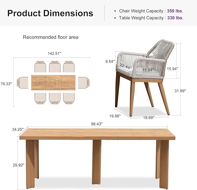 PURPLE LEAF 9 Pieces Patio Dining Set Aluminum Modern Rectangular Table and Rattan Arm Chairs with Cushions for Kitchen Porch Garden Outdoor Furniture Sets, Teak