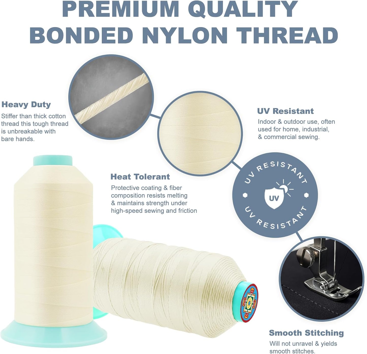 Mandala Crafts Size 346 210D T350 Bonded Nylon Thread Ivory Heavy Duty Sewing Threads - 415 YDs Tex 350 Thread for Leather, Jeans, Weaving, Outdoor Marine Upholstery Threads