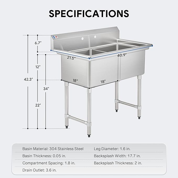 WILPREP 2-Compartment Sink, 18x18x12 in. Kitchen Sink with Strainers X-Shaped Guides Backsplash, Freestanding Double Bowl Utility Sink, Work Station Sink for Garage Kitchen Laundry Room with 2 Basins