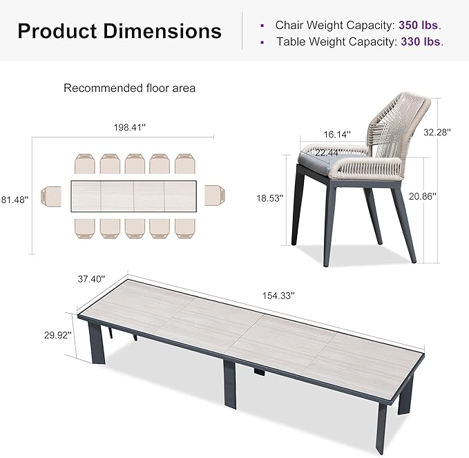 PURPLE LEAF 13 Pieces Patio Dining Set Aluminum Rectangular Table and Wicker Chairs with Cushions for Kitchen Porch Garden Modern Outdoor Furniture Sets, Beige and Dark Grey