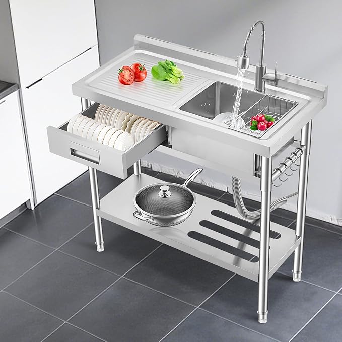 Freestanding Stainless Steel Utility Sink with Workbench, Left Drawer, Commercial Kitchen Sink with Faucet, Hot & Cold Water, Storage Shelf, S-Hook, Knife Holder, Adjustable Leg for Indoor Outdoor
