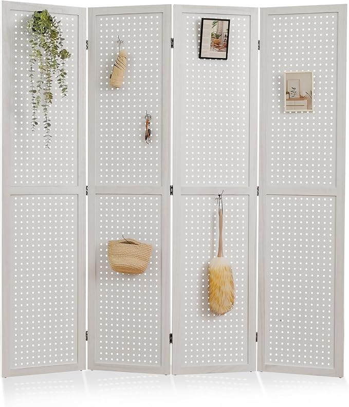 Room Divider Freestanding Folding Pegboard Privacy Screen 4-Panel Display Stand for Jewelry Craft Shows Retail Natural Wood Portable Space-Saving