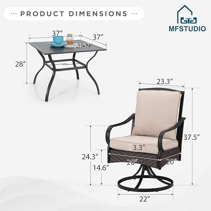 MFSTUDIO Outdoor Dining Set for 4, Patio Dining Sets with Swivel Chairs, 37’’ Square Metal Patio Table and Chairs, All Weather Outdoor Dining Furniture for 4, Porch, Backyard
